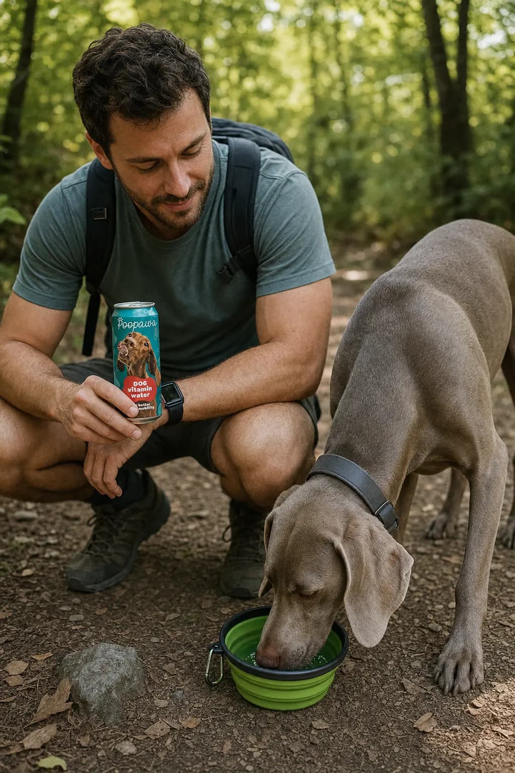 Majiteľ podáva psovi Vitamin Water do misky pri prechádzke v lese