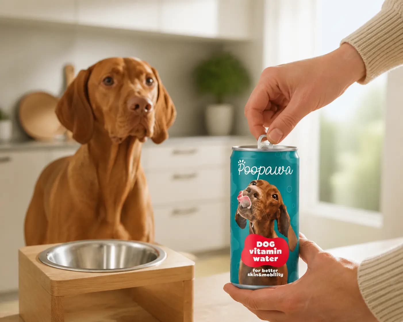 Otváranie plechovky Poopawa Dog Vitamin Water nad miskou
